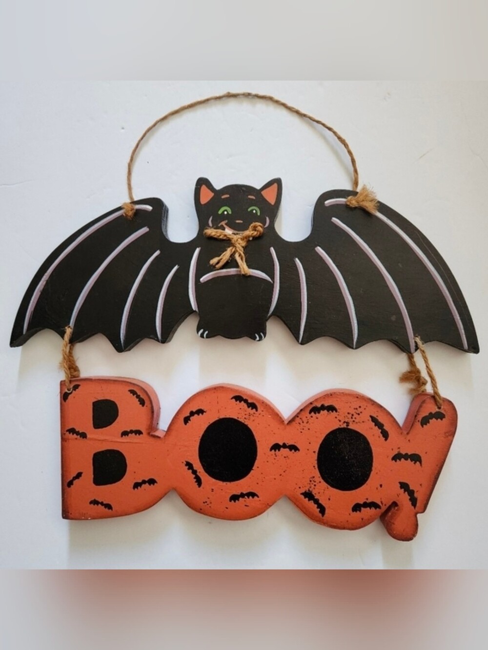 Vintage Wooden 1990s Halloween BOO Bat Hanging Decor